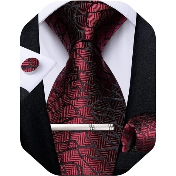 🆕Men Red Plaid Silk Checkered Necktie Pocket Square Cufflinks Tie Clip Set